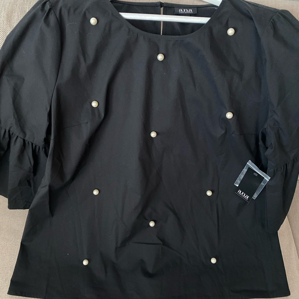 a.n.a. Black blouse 3/4 flare sleeves with faux pearls